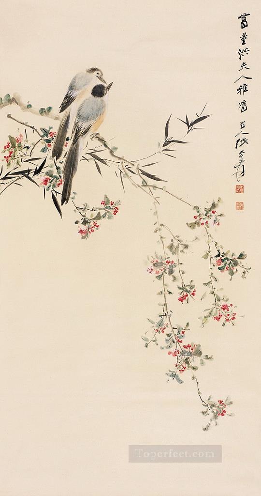 Chang dai chien birds on floral branches old China ink Oil Paintings
